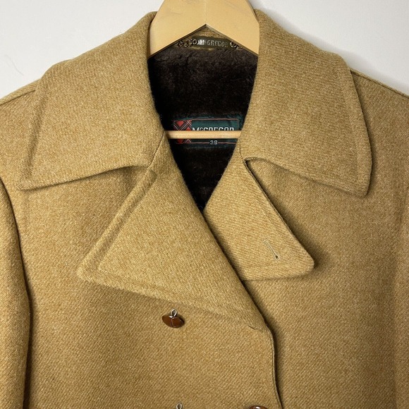 Vintage McGregor 70s Men’s Sherpa Lined Heavy Winter Jacket Pea Coat Tan Sz 38 - Picture 3 of 13